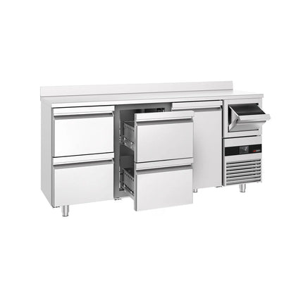 GGM Gastro Commercial Back Bar Bottle Cooler PREMIUM - Beverage Cooling Table - 2135x600x1150mm - 570L - with 1 Solid Door & 4 Drawers, upstand & knock box for coffee - Stainless Steel