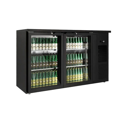GGM Gastro Commercial Back Bar Bottle Cooler PREMIUM PLUS - 1435x512mm - 264L - with 2 Hinged Glass Doors, LED lighting, locks, auto defrost, fan-assisted cooling - Black