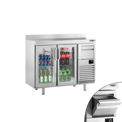 GGM Gastro Commercial Back Bar Bottle Cooler PREMIUM PLUS - 1468x600x1150mm - 340L - with 2 Hinged Glass Doors, upstand & knock box for coffee