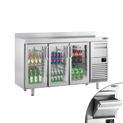 GGM Gastro Commercial Back Bar Bottle Cooler PREMIUM PLUS - 1960x600x1150mm - 520L - with 3 Hinged Glass Doors, upstand & knock box for coffee - Stainless Steel