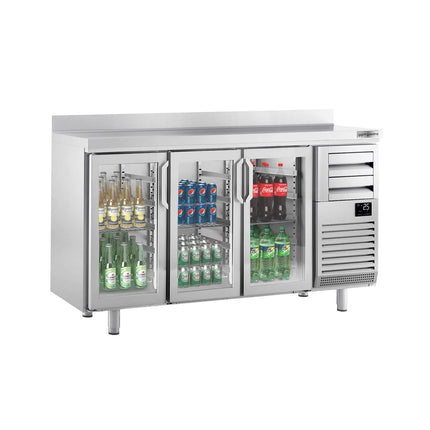 GGM Gastro Commercial Back Bar Bottle Cooler PREMIUM PLUS - 1960x600x1150mm - with 3 Hinged Glass Doors, 2 Drawers, upstand, locks & auto defrost - 520L - Stainless Steel