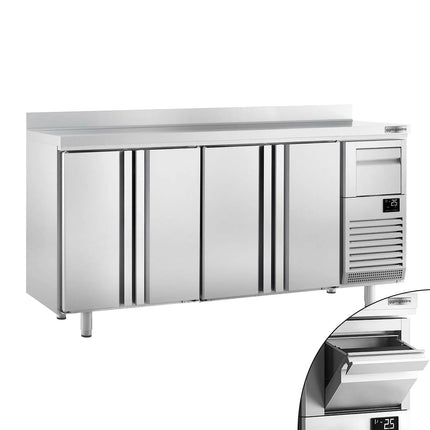 GGM Gastro Commercial Back Bar Bottle Cooler PREMIUM PLUS - 2452x600x1150mm - with 4 Solid Doors, upstand & knock box for coffee - 690L