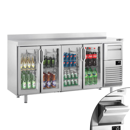 GGM Gastro Commercial Back Bar Bottle Cooler PREMIUM PLUS - 2452x600x1150mm - with 4 Hinged Glass Doors, upstand & knock box for coffee - 690L