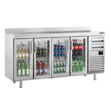 GGM Gastro Commercial Back Bar Bottle Cooler PREMIUM PLUS - 2452x600x1150mm - 690L - with 4 Hinged Glass Doors, 2 Drawers, upstand & locks - Stainless Steel