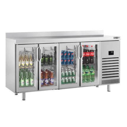 GGM Gastro Commercial Back Bar Bottle Cooler PREMIUM PLUS - 2452x700mm - 630L - with 4 Hinged Glass Doors, upstand