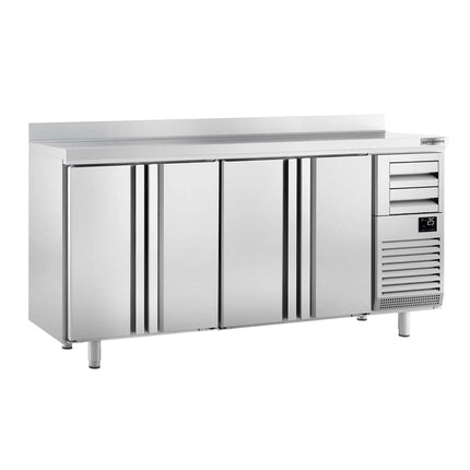 GGM Gastro Commercial Back Bar Bottle Cooler PREMIUM PLUS - Beverage Cooling Table - 2452x600x1150mm - with 4 Hinged Solid Doors, 2 Drawers, upstand, locks & auto defrost - Stainless Steel