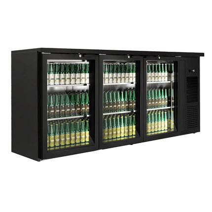 GGM Gastro Commercial Back Bar Bottle Cooler PREMIUM PLUS - Premium PLUS - 1989x512mm - 469L - with 3 Hinged Glass Doors, LED lighting, locks, auto defrost, fan-assisted cooling - Black