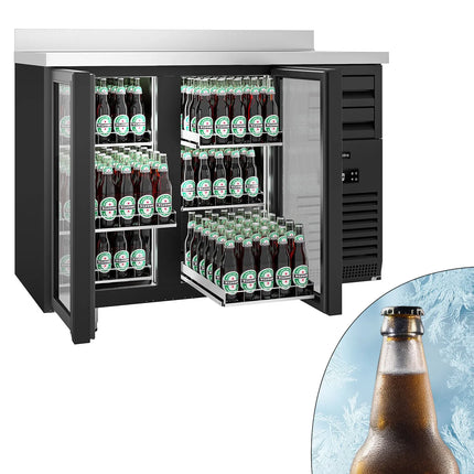 GGM Gastro Commercial Back Bar Bottle Cooler PREMIUM PLUS - SUPERCOOLER - 1475x700mm - 440L - with 2 Hinged Glass Doors, upstand & 6 drawers - Black