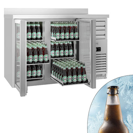 GGM Gastro Commercial Back Bar Bottle Cooler PREMIUM PLUS - SUPERCOOLER - 1475x700mm - with 2 Hinged Glass Doors, upstand & 6 drawers