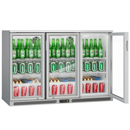 GGM Gastro Commercial Back Bar Cooler - 1350mm - 320L - with 3 glass hinged doors - Grey