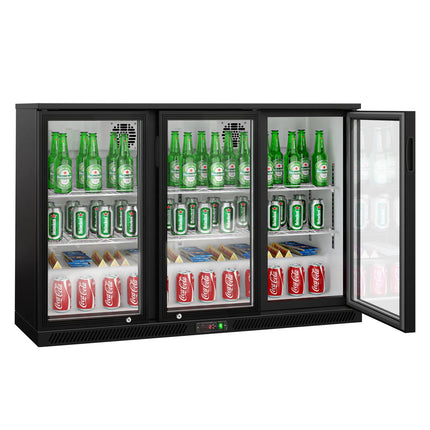 GGM Gastro Commercial Back Bar Cooler - 1350mm - 320L - with 3 glass hinged doors - Black - For UK