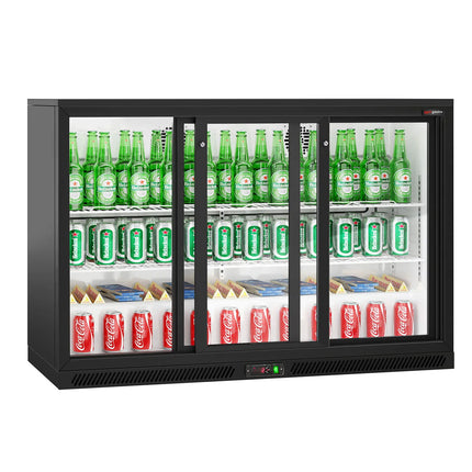 GGM Gastro Commercial Back Bar Cooler - 1350mm - 320L - with 3 glass sliding doors - Black - For UK