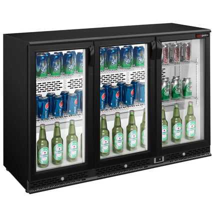 GGM Gastro Commercial Back Bar Cooler PREMIUM PLUS - 1350mm - 330L - with 3 glass hinged doors - Black