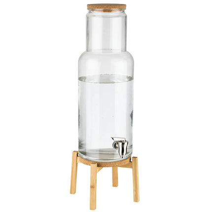 GGM Gastro Commercial Beverage Dispenser / Glass Drinks Dispenser - NORDIC WOOD - glass jar with clip-top & stainless-steel tap - 7.5 Litres - incl. wire stand & cork coaster