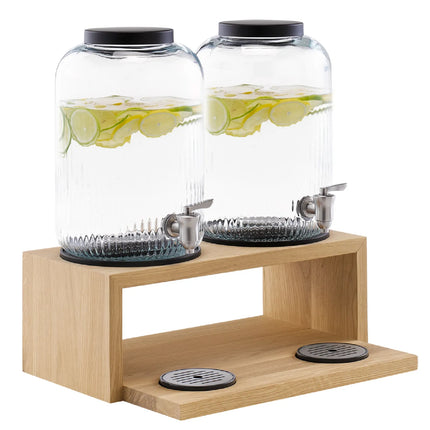 GGM Gastro Commercial Beverage Dispenser / Glass Drinks Dispenser - VALO - (3 pcs) Set - 2x stainless-steel containers with tap on oak base - 2x 7 Litres - incl. stand
