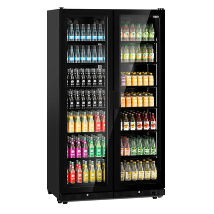 GGM Gastro Commercial Beverage Display Fridge - 1200mm - 760 Litres - with 2 hinged glass doors - LED lighting - Temperature range 1 to 10 °C - Black