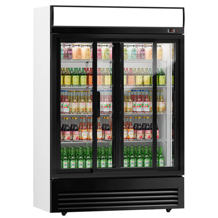 GGM Gastro Commercial Beverage Display Fridge - 1295mm - 880 Litres - with 2 sliding glass doors - LED lighting - digital controller with temperature display - Black - Temperature range 2 to 8 °C