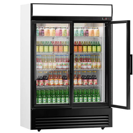 GGM Gastro Commercial Beverage Display Fridge - 1295mm - 880 Litres - with 2 hinged glass doors - LED lighting - digital controller with temperature display - Black - Temperature range 2 to 8 °C