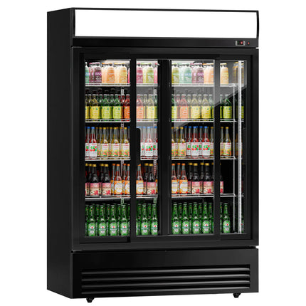 GGM Gastro Commercial Beverage Display Fridge - 1295mm - 880 Litres - with 2 sliding glass doors - LED lighting - digital controller with temperature display - Black - UK Plug - Temperature range 2 to 8 °C