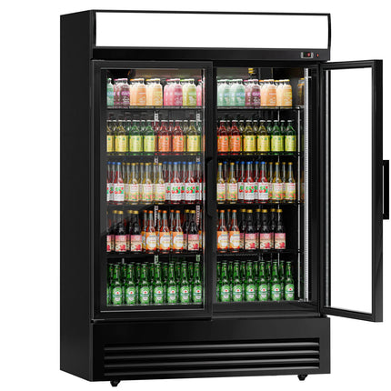 GGM Gastro Commercial Beverage Display Fridge - 1295mm - 880 Litres - with 2 hinged glass doors - LED lighting - digital controller with temperature display - Black - Temperature range 2 to 8 °C