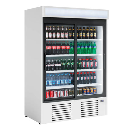 GGM Gastro Commercial Beverage Display Fridge - 1385mm - 1300 Litres - with 2 hinged glass doors - LED lighting - digital controller with temperature display - Temperature range 4 to 6 °C