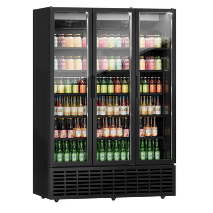 GGM Gastro Commercial Beverage Display Fridge - 1500mm - 1500 Litres - with 3 hinged glass doors - LED lighting - Black - Temperature range 1 to 9 °C