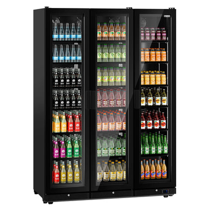 GGM Gastro Commercial Beverage Display Fridge - 1500mm - 975 Litres - with 3 hinged glass doors - LED lighting - Temperature range 0 to 7 °C - Black