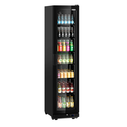 GGM Gastro Commercial Beverage Display Fridge - 500mm - 295 Litres - with 1 hinged glass door - LED lighting - Black - Temperature range 0 to 7 °C