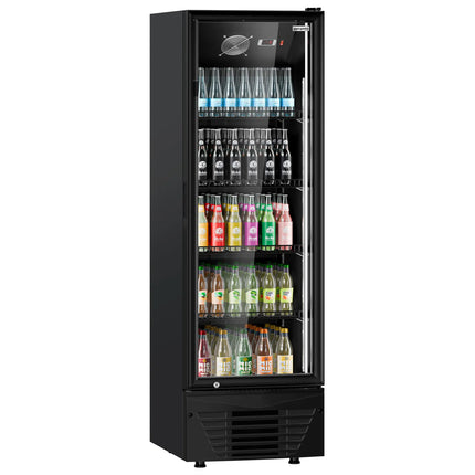 GGM Gastro Commercial Beverage Display Fridge - 590mm - 294 Litres - 1 hinged glass door - LED lighting - digital controller with temperature display - Black - Temperature range 2 to 8 °C