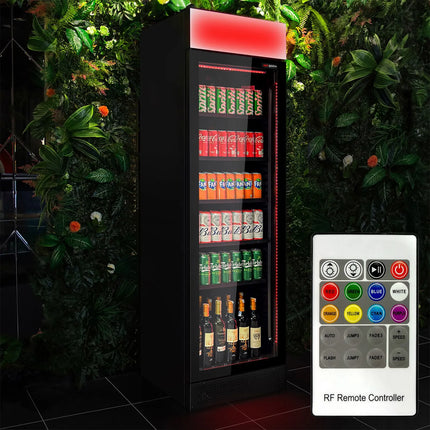 GGM Gastro Commercial Beverage Display Fridge - 595mm - 345 Litres - with 1 hinged glass door - LED lighting - digital controller with temperature display - Black - UK Plug - Temperature range 2 to 10 °C
