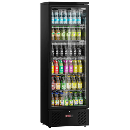 GGM Gastro Commercial Beverage Display Fridge - 600mm - 292 Litres - stainless steel interior - with 1 hinged glass door - digital controller with temperature display - Black - Temperature range 2 to 8 °C