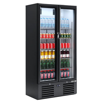 GGM Gastro Commercial Beverage Display Fridge - 900mm - 435 Litres - with 2 hinged glass doors - LED lighting - digital controller with temperature display - Black - Temperature range 4 to 12 °C