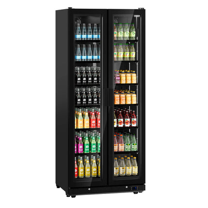GGM Gastro Commercial Beverage Display Fridge - 900mm - 573 Litres - with 2 hinged glass doors - LED lighting - digital controller with temperature display - Black - Temperature range 0 to 7 °C