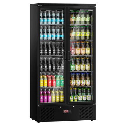 GGM Gastro Commercial Beverage Display Fridge - 920mm - 466 Litres - stainless steel interior - with 2 hinged glass doors - digital controller with temperature display - Black - Temperature range 2 to 8 °C