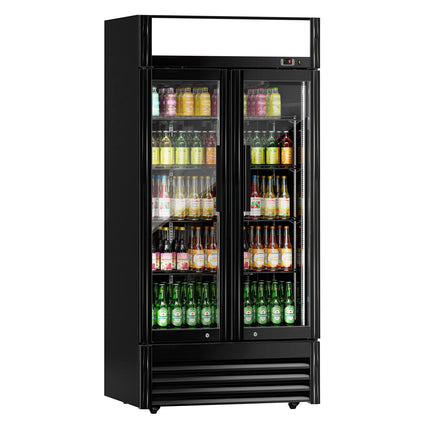 GGM Gastro Commercial Beverage Display Fridge - 925mm - 630 Litres - with 2 hinged glass doors - LED lighting - digital controller with temperature display - Black - Temperature range 2 to 8 °C