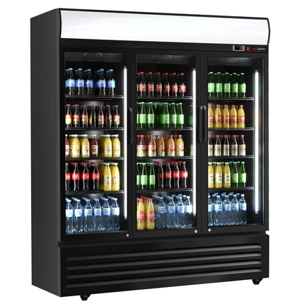 GGM Gastro Commercial Beverage Display Fridge with Illuminated Canopy - 2050mm - 1500 Litres - with 3 hinged glass doors - LED lighting - digital controller with temperature display - Black/White - Temperature range 2 to 8 °C