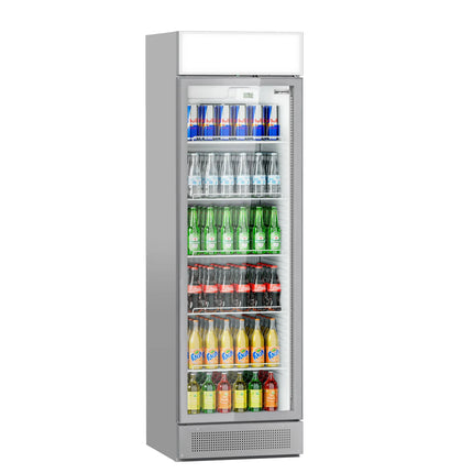 GGM Gastro Commercial Beverage Display Fridge with Illuminated Canopy - 595mm - 358 Litres - 1 hinged glass door - LED lighting - digital controller with temperature display - Grey - Temperature range 1 to 10 °C