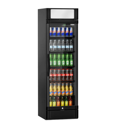 GGM Gastro Commercial Beverage Display Fridge with Illuminated Canopy - 595mm - 347 Litres - with 1 hinged glass door - LED lighting - Black - UK Plug - Temperature range 2 to 10 °C