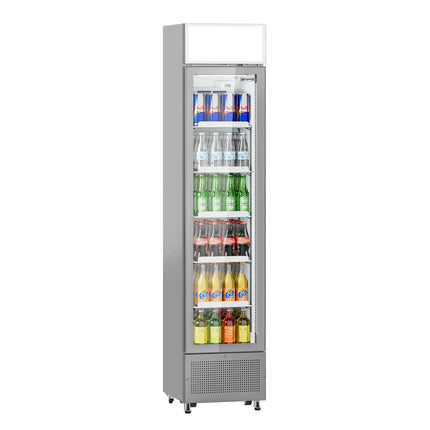 GGM Gastro Commercial Beverage Display Fridge with Illuminated Canopy - 435mm - 145 Litres - with 1 hinged glass door - LED lighting - Grey - Temperature range 1 to 10 °C