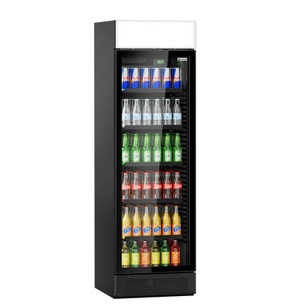 GGM Gastro Commercial Beverage Display Fridge with Illuminated Canopy - 595mm - 345 Litres - with 1 hinged glass door - LED lighting - digital controller with temperature display - Black - UK Plug - Temperature range 2 to 10 °C