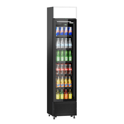 GGM Gastro Commercial Beverage Display Fridge with Illuminated Canopy - 435mm - 145 Litres - with 1 hinged glass door - LED lighting - Black - Temperature range 1 to 10 °C