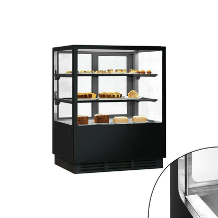 GGM Gastro Commercial cake display fridge - 378L - 1000mm - Double glazing - square - mirrored front - with 2 glass shelves - rear sliding doors - for patisserie - Black