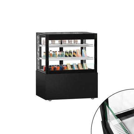 GGM Gastro Commercial cake display fridge MADRID Self-Service - 435L - 1000mm - Double glazing - square - with 2 glass shelves - rear sliding doors - incl. night curtain - for patisserie - Black matt