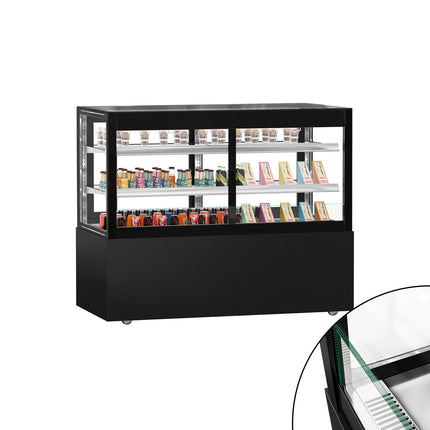 GGM Gastro Commercial cake display fridge MADRID Self-Service - 530L - 1500mm - Double glazing - square - with 2 glass shelves - rear sliding doors - incl. night curtain - for patisserie - Black matt