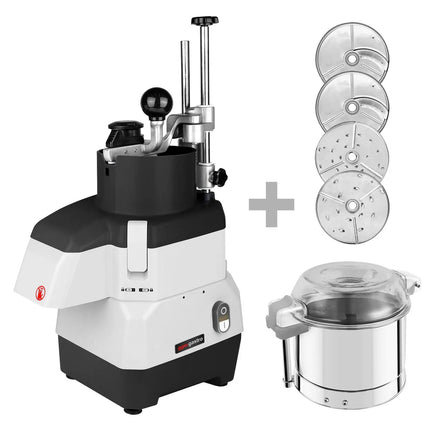 GGM Gastro Commercial Compact Veg Prep Machine - 735W - incl. 4 Cutting/Grating Discs & Cutter Bowl Attachment - Stainless Steel