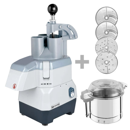 GGM Gastro Commercial Compact Veg Prep Machine - 735W - incl. 4 Cutting/Grating Discs & Cutter Bowl Attachment - Stainless Steel - Flip-Top Lid