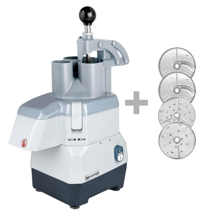GGM Gastro Commercial Compact Veg Prep Machine - 735W - incl. 4 Cutting/Grating Discs - Stainless Steel - Flip-Top Lid