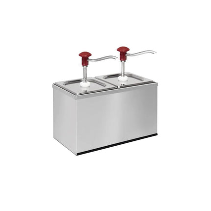 GGM Gastro Commercial Condiment Dispenser - 2x 2 litres - adjustable dose - 30ml per pump - with container - incl. stainless steel frame - Chromed steel and plastic - 340x180x340mm
