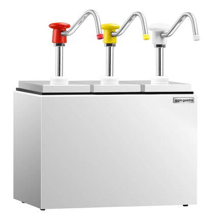 GGM Gastro Commercial Condiment Dispenser - 3x 2.5 litres - with container - incl. stainless steel frame - adjustable dose - Plastic containers, stainless steel rack - 190x355x268mm