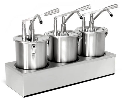 GGM Gastro Commercial Condiment Dispenser - 3x 4 litres - Stainless steel - 605x415mm - adjustable dose - with container - incl. stainless steel frame